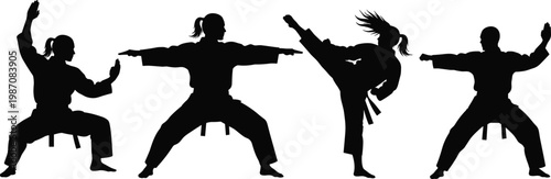 Black silhouettes of female martial artists in karate uniform performing high kicks and defensive stances isolated on white background for sports and fitness design.