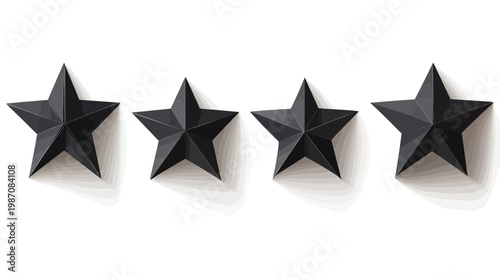 Four black 3D stars with shadows on a white background, arranged horizontally