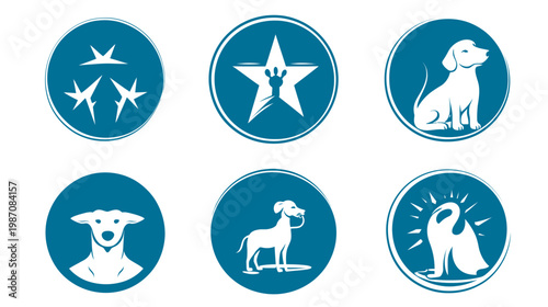 Six circular emblems with stylized illustrations, primarily of dogs, along with stars and paw print