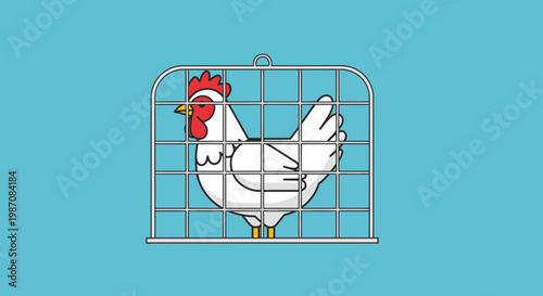 White Chicken in Metal Cage.