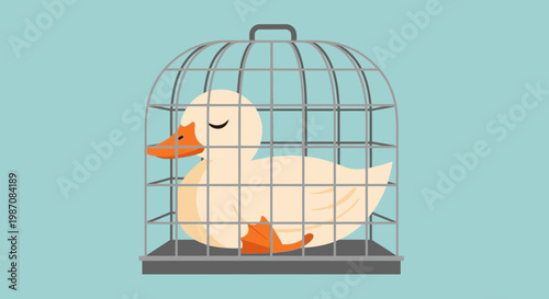 White Duck Inside Bird Cage.