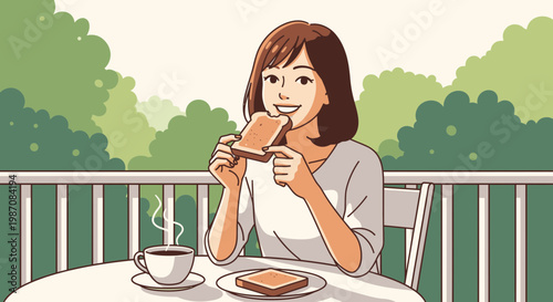 Woman eating toast and drinking coffee.