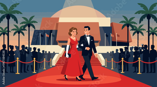 An elegant 1960s couple makes a grand entrance on the iconic red carpet at the Cannes Film Festival, surrounded by the classic Riviera ambiance. This is a clean, flat design illustration capturing the