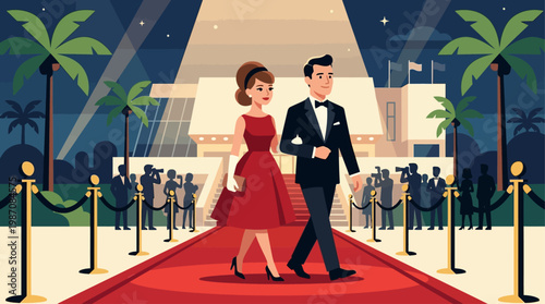 An elegant 1960s couple makes a grand entrance on the iconic red carpet at the Cannes Film Festival, surrounded by the classic Riviera ambiance. This is a clean, flat design illustration capturing the