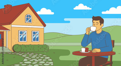 Man drinking coffee at small table.