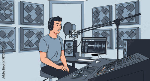 Man wearing headphones sitting at desk.