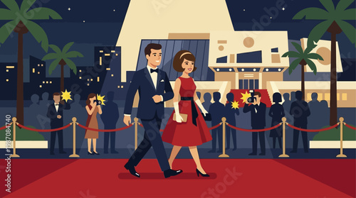 An elegant 1960s couple makes a grand entrance on the iconic red carpet at the Cannes Film Festival, surrounded by the classic Riviera ambiance. This is a clean, flat design illustration capturing the