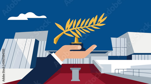 Stylized illustration of Cannes Film Festival award ceremony featuring golden palm trophy held in hand before Palais des Festivals, evening red carpet steps, audience silhouettes, cinematic prestige.