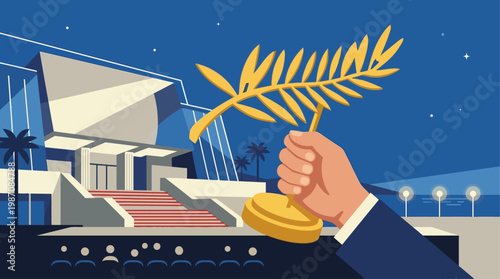 Stylized illustration of Cannes Film Festival award ceremony featuring golden palm trophy held in hand before Palais des Festivals, evening red carpet steps, audience silhouettes, cinematic prestige.
