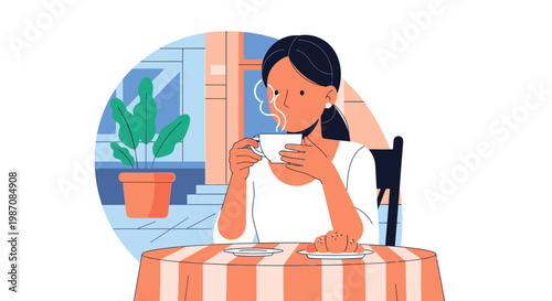 Woman Drinking Coffee Alone Slowly.