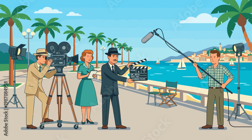 Vintage style illustration of Cannes film set production by the seaside featuring crew filming scene with camera, boom mic, clapperboard, actors, and classic Riviera hotels under sunny sky backdrop.