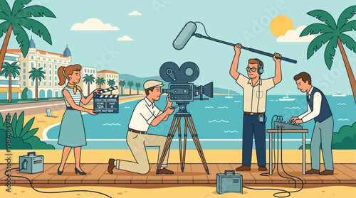 Vintage style illustration of Cannes film set production by the seaside featuring crew filming scene with camera, boom mic, clapperboard, actors, and classic Riviera hotels under sunny sky backdrop.