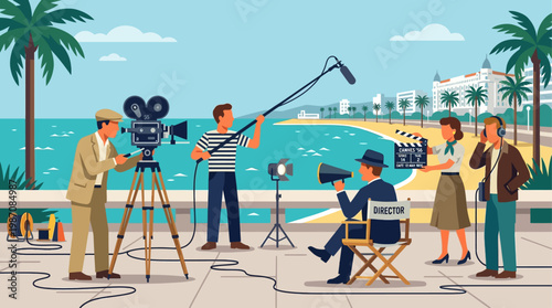 Vintage style illustration of Cannes film set production by the seaside featuring crew filming scene with camera, boom mic, clapperboard, actors, and classic Riviera hotels under sunny sky backdrop.