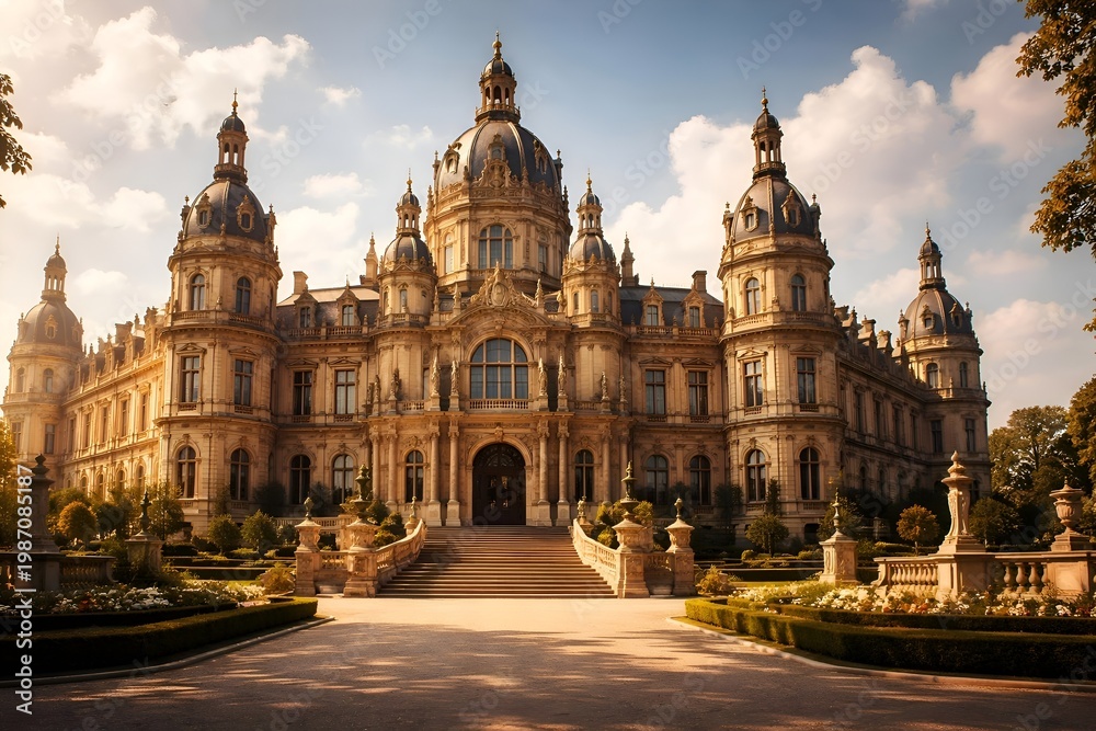 Obraz premium Majestic Grand Palace with Domed Towers and Formal Gardens