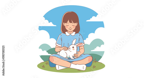 Girl sitting with white rabbit pet.