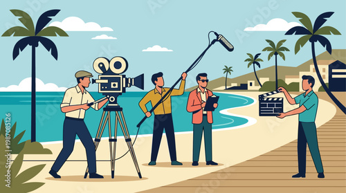 Vintage style illustration of Cannes film set production by the seaside featuring crew filming scene with camera, boom mic, clapperboard, actors, and classic Riviera hotels under sunny sky backdrop.