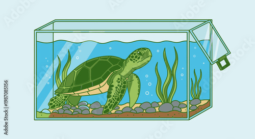 Green turtle in a fish tank.