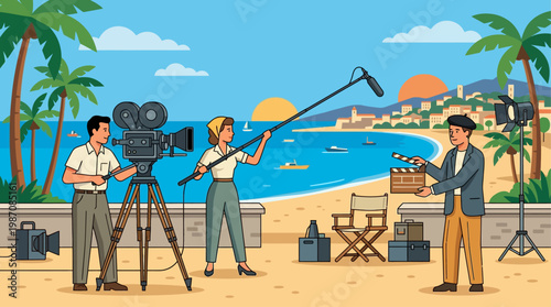 Vintage style illustration of Cannes film set production by the seaside featuring crew filming scene with camera, boom mic, clapperboard, actors, and classic Riviera hotels under sunny sky backdrop.