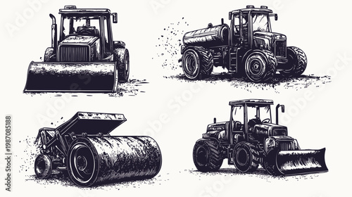 Four line-art illustrations of heavy machinery including a bulldozer, tractor, and road roller