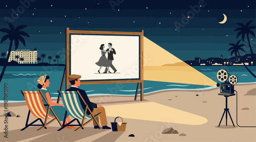 Vintage style illustration of outdoor cinema on Cannes beach at night with couple watching film projected on seaside screen, Riviera skyline, palm trees, moonlight, and elegant cinematic atmosphere.