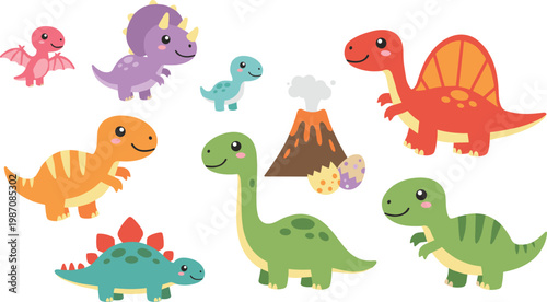 Cute colorful dinosaur character set with T-Rex Triceratops Stegosaurus and volcano with hatching eggs flat vector illustration isolated on white