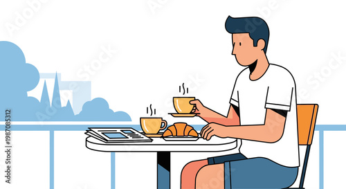 Man sitting eating breakfast alone outside.