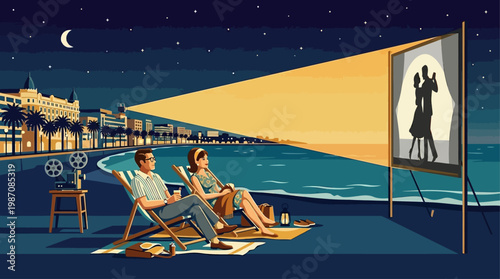 Vintage style illustration of outdoor cinema on Cannes beach at night with couple watching film projected on seaside screen, Riviera skyline, palm trees, moonlight, and elegant cinematic atmosphere.