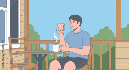 Man sitting on porch with coffee.