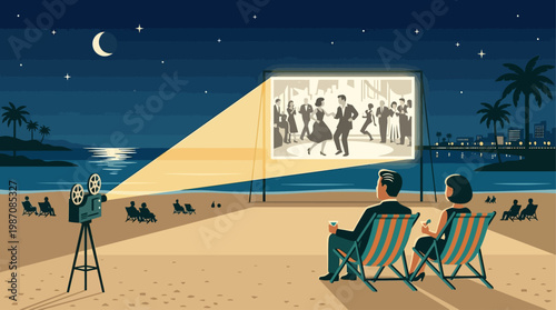 Vintage style illustration of outdoor cinema on Cannes beach at night with couple watching film projected on seaside screen, Riviera skyline, palm trees, moonlight, and elegant cinematic atmosphere.