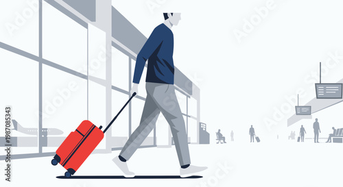 Man walking with red luggage cart.