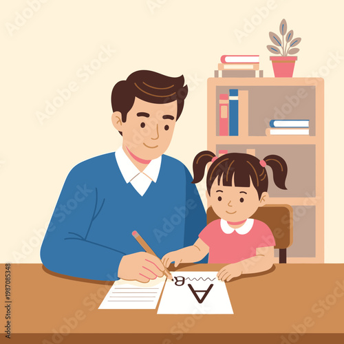 Man teaching little girl to write.