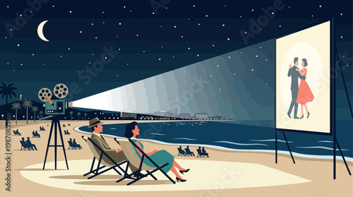 Vintage style illustration of outdoor cinema on Cannes beach at night with couple watching film projected on seaside screen, Riviera skyline, palm trees, moonlight, and elegant cinematic atmosphere.
