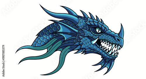 Blue dragon head with sharp teeth.