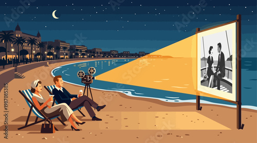 Vintage style illustration of outdoor cinema on Cannes beach at night with couple watching film projected on seaside screen, Riviera skyline, palm trees, moonlight, and elegant cinematic atmosphere.