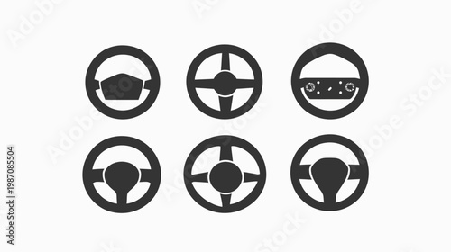 A collection of six stylized black and white images of steering wheels with various designs
