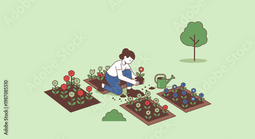 Woman gardening flowers in pots.