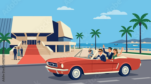 Vintage illustration of luxury arrival at Cannes Film Festival featuring classic convertible car with elegant guests approaching Palais des Festivals, red carpet, palm trees, and Riviera setting.