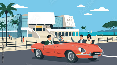 Vintage illustration of luxury arrival at Cannes Film Festival featuring classic convertible car with elegant guests approaching Palais des Festivals, red carpet, palm trees, and Riviera setting.