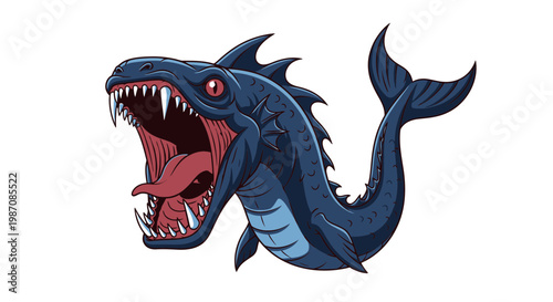 Cartoon angry shark with sharp teeth.