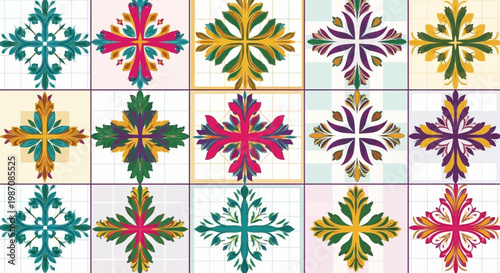 Colorful Decorative Floral Cross Patterns on Grid Background