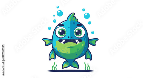 Cartoon green blue monster creature.