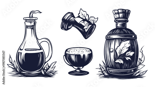 Vintage ink drawing of various containers, including bottles and a chalice, with foliage accents