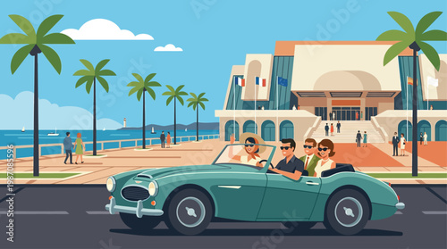 Vintage illustration of luxury arrival at Cannes Film Festival featuring classic convertible car with elegant guests approaching Palais des Festivals, red carpet, palm trees, and Riviera setting.