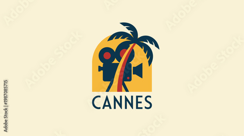 Stylized retro poster inspired by Cannes featuring a vintage film camera under a palm tree at sunset. Minimalist geometric design evokes cinema, travel, and iconic French Riviera festival vibes