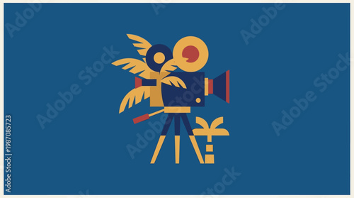 Stylized retro poster inspired by Cannes featuring a vintage film camera under a palm tree at sunset. Minimalist geometric design evokes cinema, travel, and iconic French Riviera festival vibes