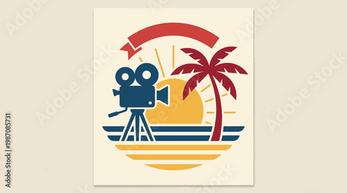 Stylized retro poster inspired by Cannes featuring a vintage film camera under a palm tree at sunset. Minimalist geometric design evokes cinema, travel, and iconic French Riviera festival vibes.