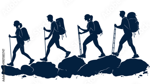 Silhouetted hikers with backpacks and poles traverse rocky terrain, achieving a mountain goal