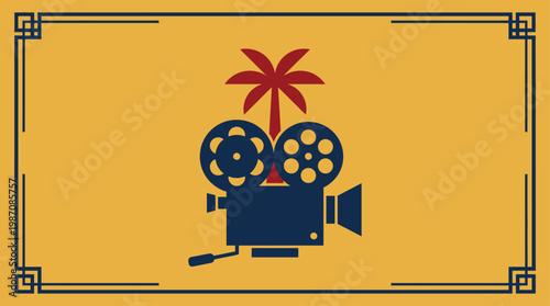 Stylized retro poster inspired by Cannes featuring a vintage film camera under a palm tree at sunset. Minimalist geometric design evokes cinema, travel, and iconic French Riviera festival vibes.