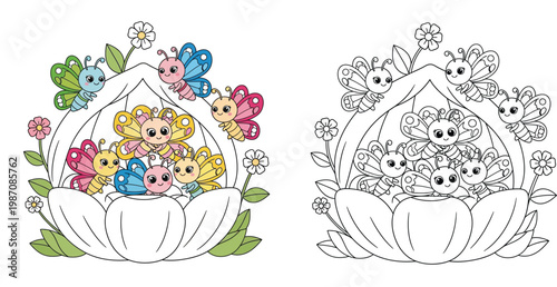 Cute Butterflies and Flower Coloring Page for Kids, Educational Garden Nature Illustration, Colored and Outline Vector Set