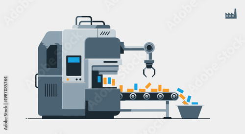 Industrial robotic arm machine assembly line.